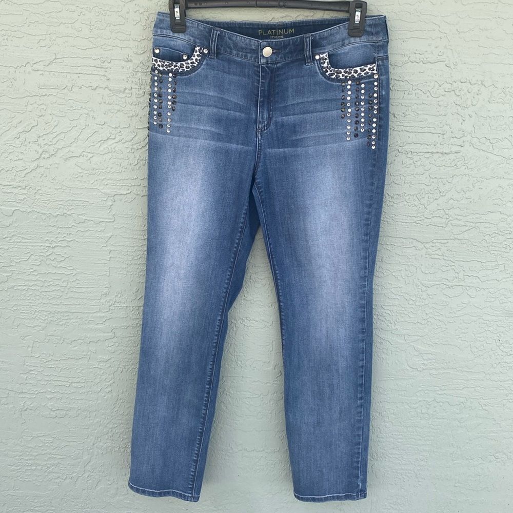 Chico’s Platinum Jeans Sz 1 Jewel Rhinestones Jeans